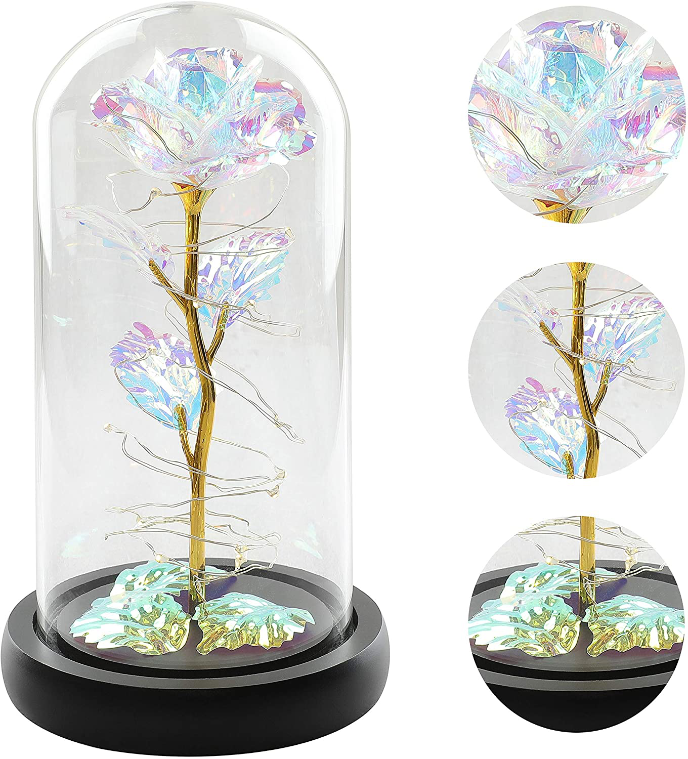 Christmas Rose Gift for her,Women's Gift Birthday Gifts Colorful Artificial Flower Rose Gift Led Light String on Colorful Flower, Last Forever in A Glass Dome, Unique Gift for Her,Thanksgiving Gift