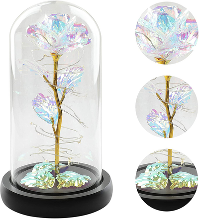 Christmas Rose Gift for her,Women's Gift Birthday Gifts Colorful Artificial Flower Rose Gift Led Light String on Colorful Flower, Last Forever in A Glass Dome, Unique Gift for Her,Thanksgiving Gift