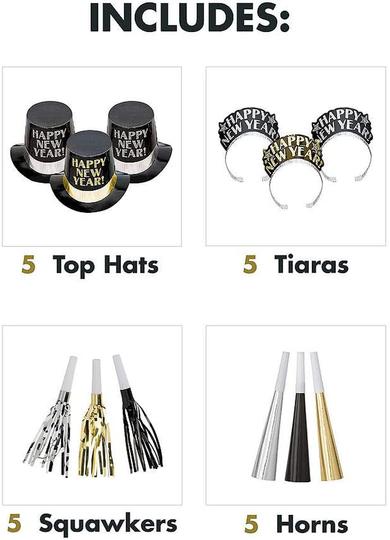 amscan Midnight Elegance Black, Gold and Silver 2022 New Year's Eve Party Decorations Supplies for 10, Includes Top Hats and Tiaras