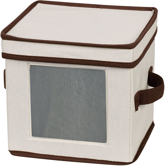 Household Essentials 534 Dinnerware Storage Box with Lid and Handles | Chest for Salad Plates | Natural Canvas with Brown Trim