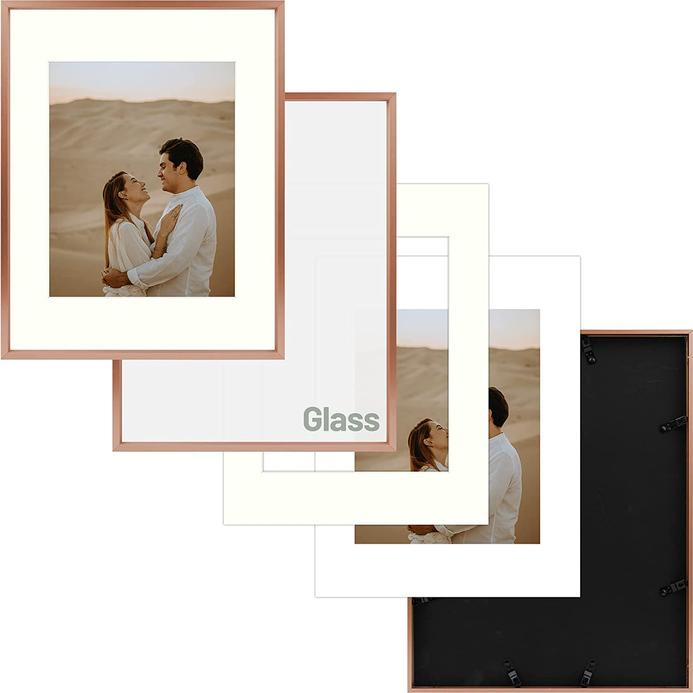 Frametory, Aluminum Picture Frames Set of 7 - Rose Gold Gallery Wall Kit - Displays One 11x14, Two 8x10, and Four 5x7 inch Photos for Home Decoration