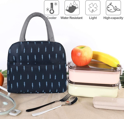 Buringer Reusable Insulated Lunch Bag Cooler Tote Box with Front Pocket Zipper Closure for Woman Man Work Picnic or Travel (Dark Blue White Strip，Small Size)