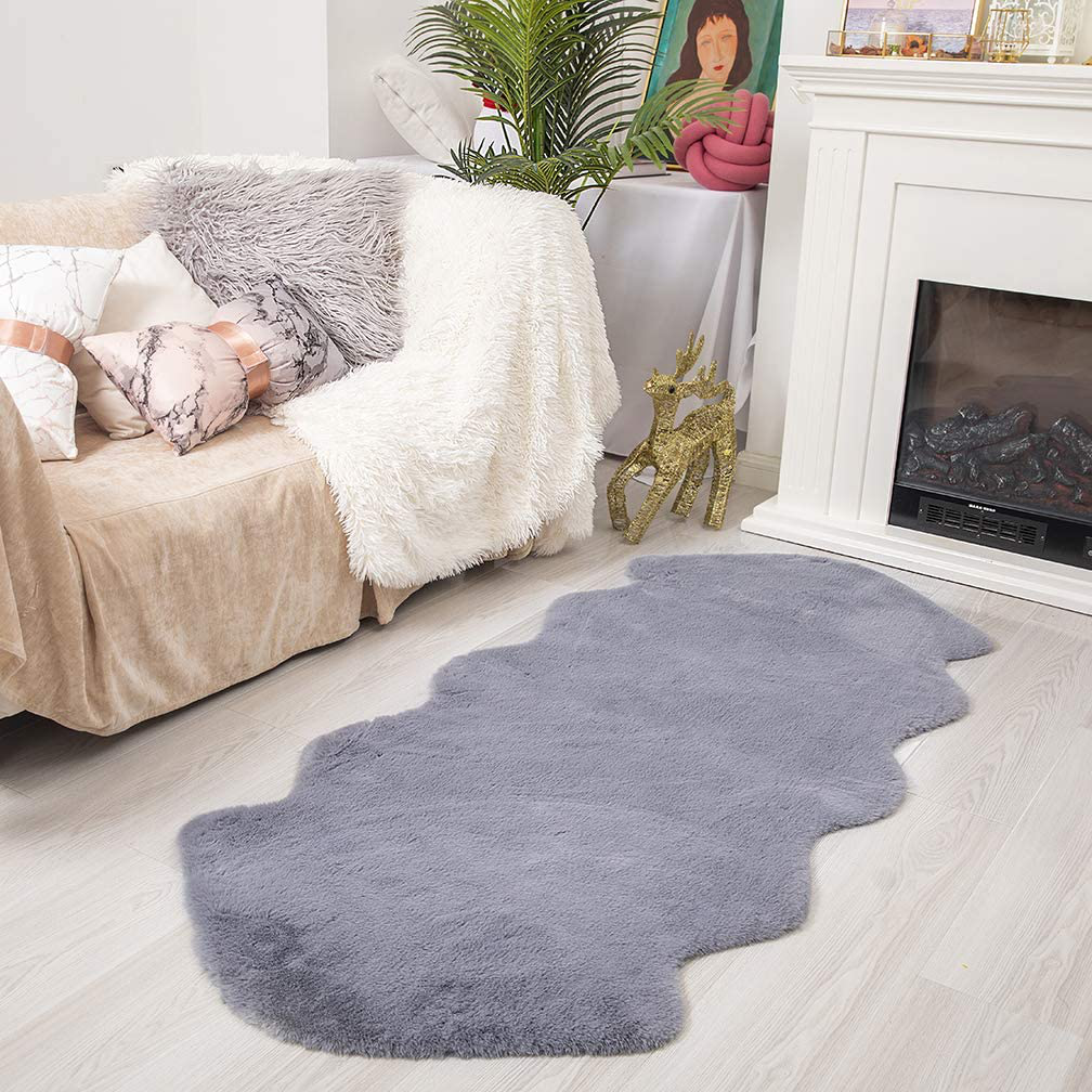 Faux Rabbit Fur Rug-2.6x6ft Anti-Skid Carpet Soft Area Rugs for Living Room Bedroom Sofa Home Decor Gray