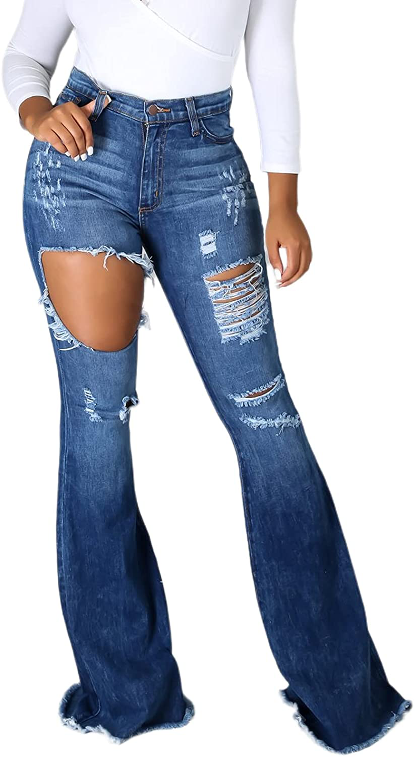 Bell Bottom Jeans for Women Elastic Skinny Ripped Hole Classic Denim Pants