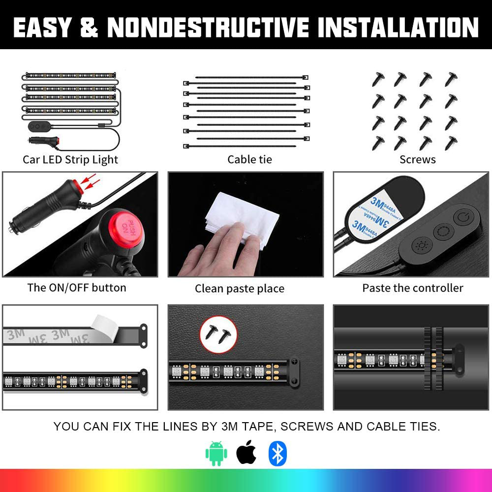 SUNPIE Car Interior Lights, Car Strips Lights with App and Remote Control Waterproof LED Atmosphere Car Lights Come with 48 LED Chip 8.8ft Length Indoor Lights with DC 12V Car Charger Sync to Music