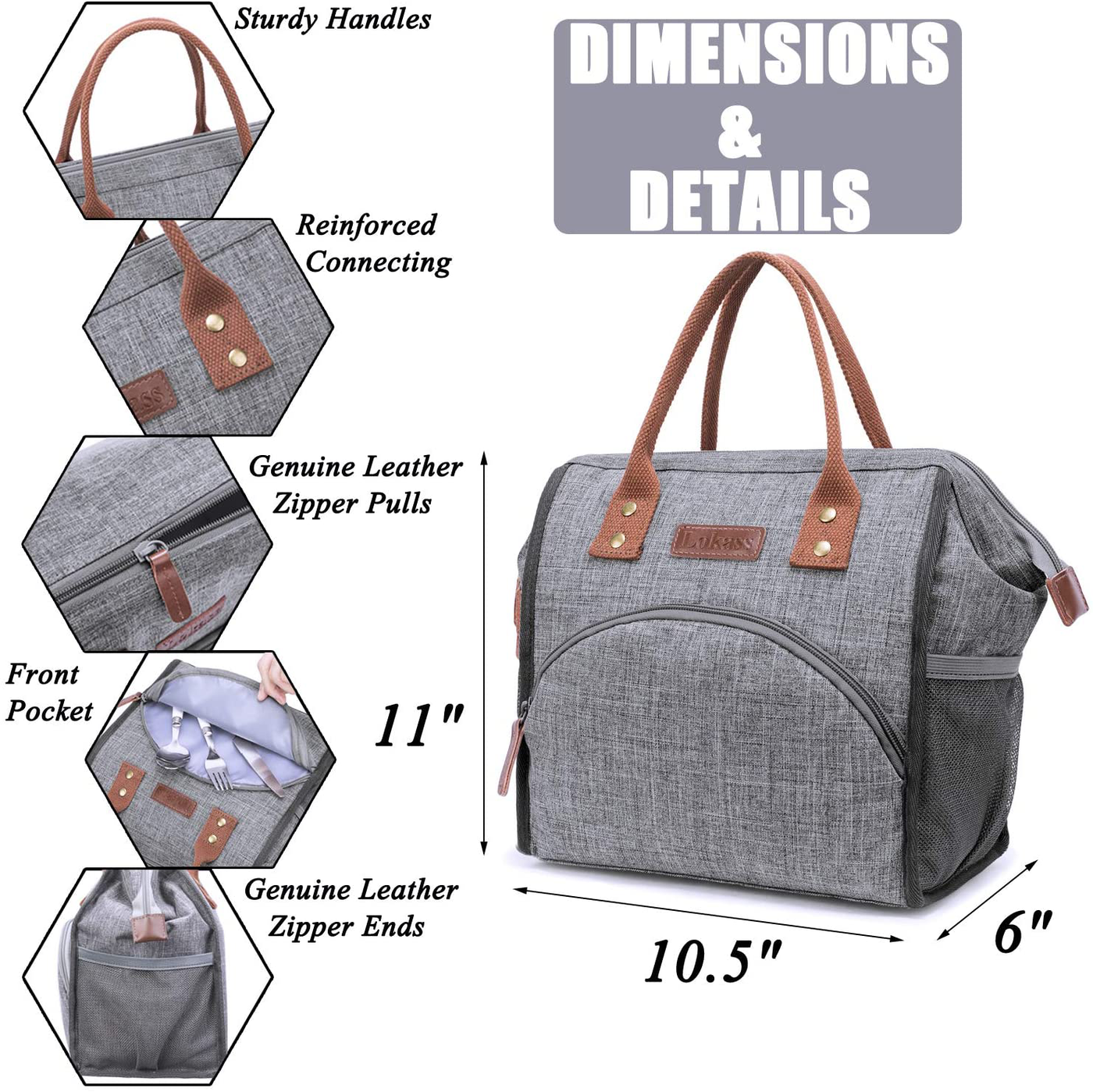 LOKASS Lunch Bag Insulated Lunch Box Wide-Open Lunch Tote Bag Large Drinks Holder Durable Nylon Thermal Snacks Organizer for Women Men Adults College Work Picnic Hiking Beach Fishing,Grey