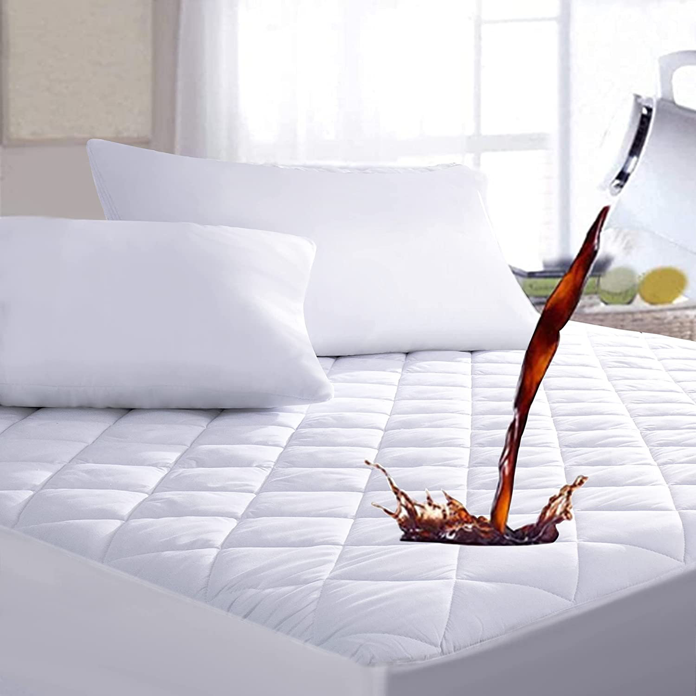 Ruili King Quilted Fitted Mattress Pad, 100% Waterproof Deep Pocket Stretch Up to 21 Inches Mattress Protector Soft Snow Cotton Filling Mattress Cover