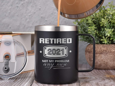 2021 Retirement Gifts for Men and Women, Funny Retired 2021 Not My Problem Any More Coffee Mug Tumbler Gift 14 oz Black, Retiring Present Ideas for Office Coworkers, Boss, Husband, Dad, Friends