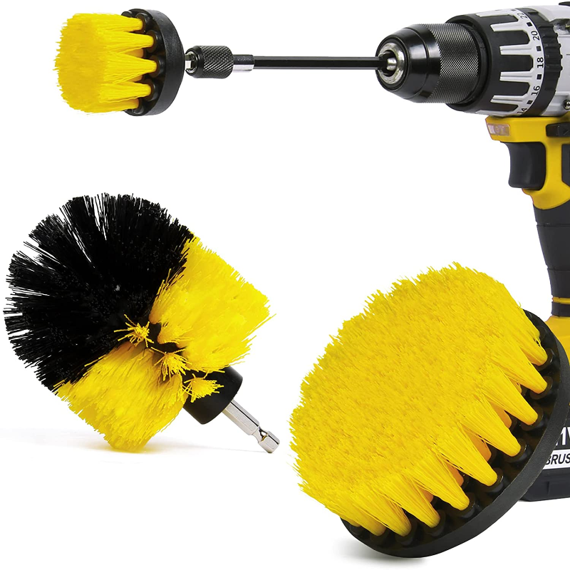 Shieldpro 4 Pack Drill Brush Attachment Set, All Purpose Power Clean Scrubber Brush with Extend Long Attachment for Bathroom,Kitchen,Grout,Tub,Tile,Corners,Auto- Yellow