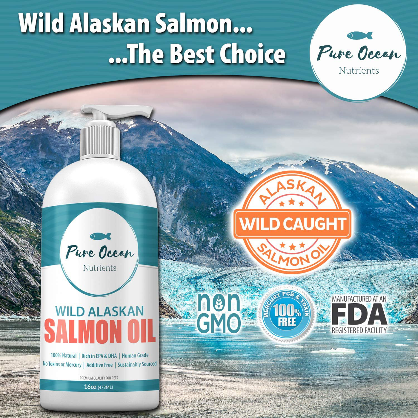 Pure Ocean Nutrients Wild Alaskan Salmon Oil for Dogs and Cats; Natural Supplement with Omega 3's to Support Joint, Heart, and Immune Health; Promotes a Shiny Soft Coat and Healthy Skin