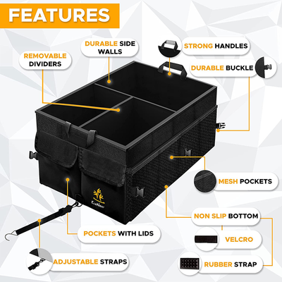 EcoNour Trunk Organizer with Detachable Dividers | Tough and Sturdy Trunk Organizers and Storage SUV with Straps | Foldable Automotive Consoles & Organizers with Non-Slip Bottom & Multiple Lid Pockets