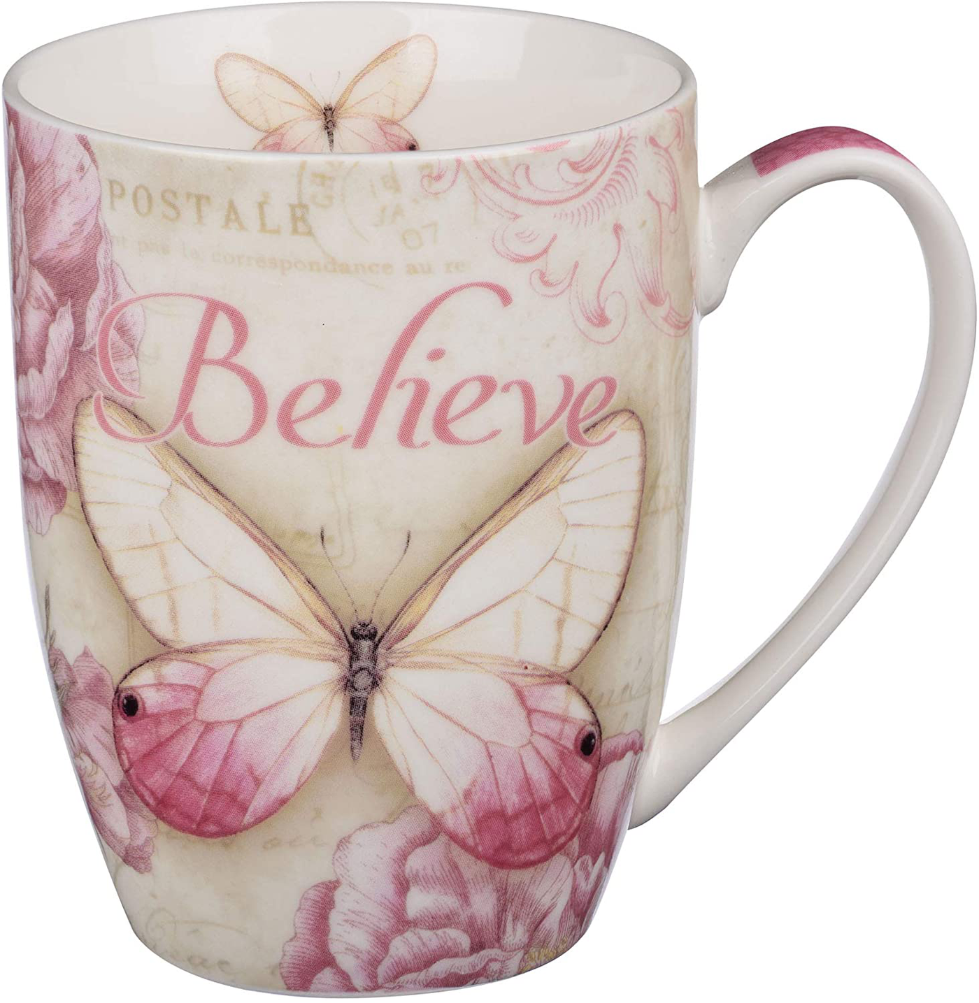 Believe Butterfly Mug – Botanic Pink Butterfly Coffee Mug w/Mark 9:23, Bible Verse Mug for Women and Men – Inspirational Coffee Cup and Christian Gifts (12-ounce Ceramic Cup)