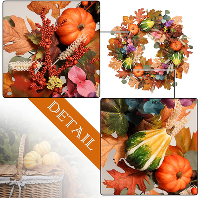 Valery Madelyn Fall Wreath for Front Door, 24 inch Harvest Wreath with Eucalyptus Leaves, Pumpkin and Berry Cluster for Window Fireplace Wall Decor Thanksgiving Home Indoor Outdoor Decorations