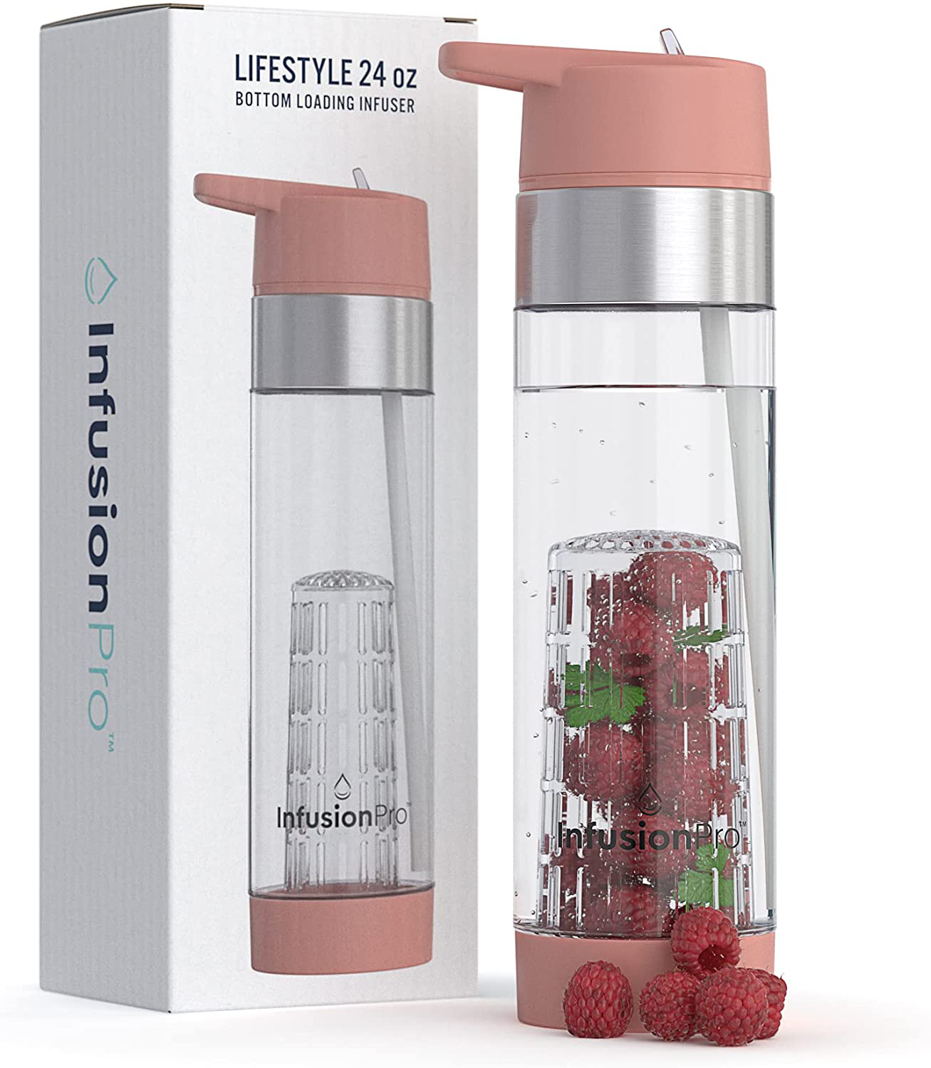 Infusion Pro Fruit Infuser Water Bottle with Straw Lid 24 oz : Flip-Up Water Bottle Straw : Insulated Sleeve & Fruit Infusion Water eBook : Bottom Loading Water Infuser for More Flavor - Kauai Sunset