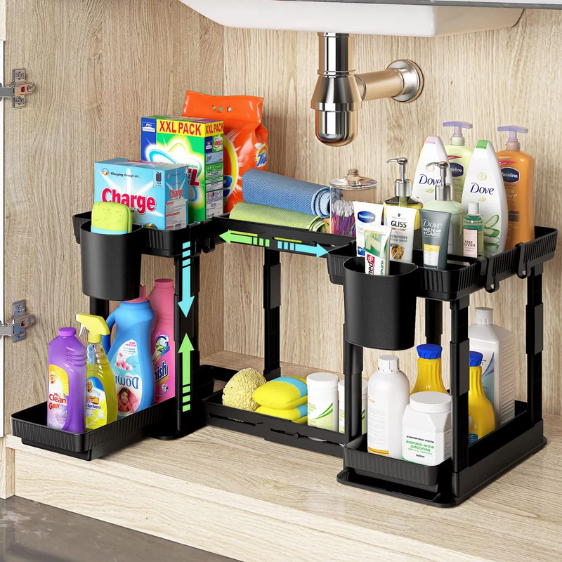 2 Pack 2 Tier Pull Out Sliding Expandable Under Sink Organizer