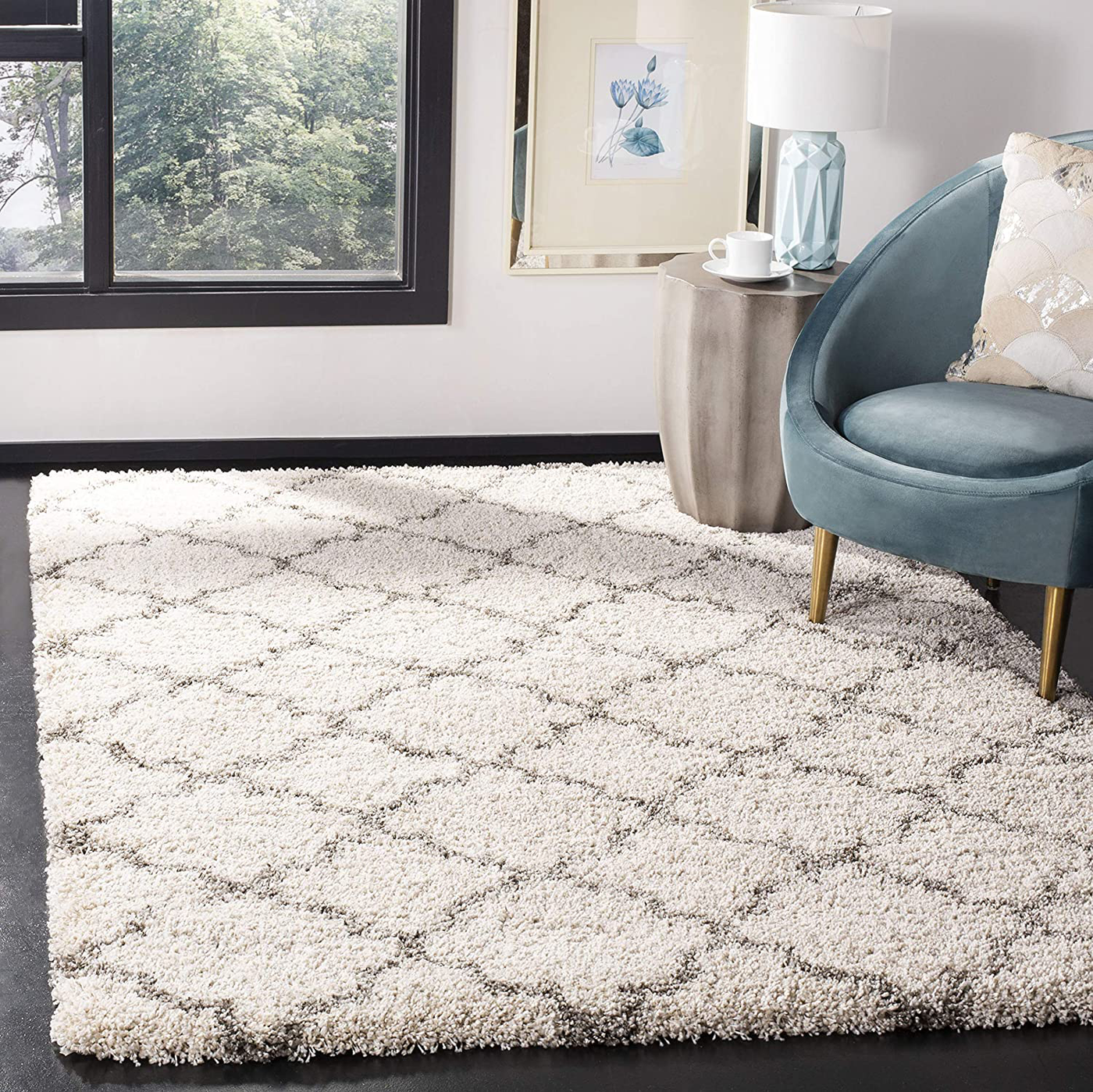 SAFAVIEH Hudson Shag Collection SGH282A Moroccan Trellis Non-Shedding Living Room Bedroom Dining Room Entryway Plush 2-inch Thick Runner, 2'3" x 6' , Ivory / Grey