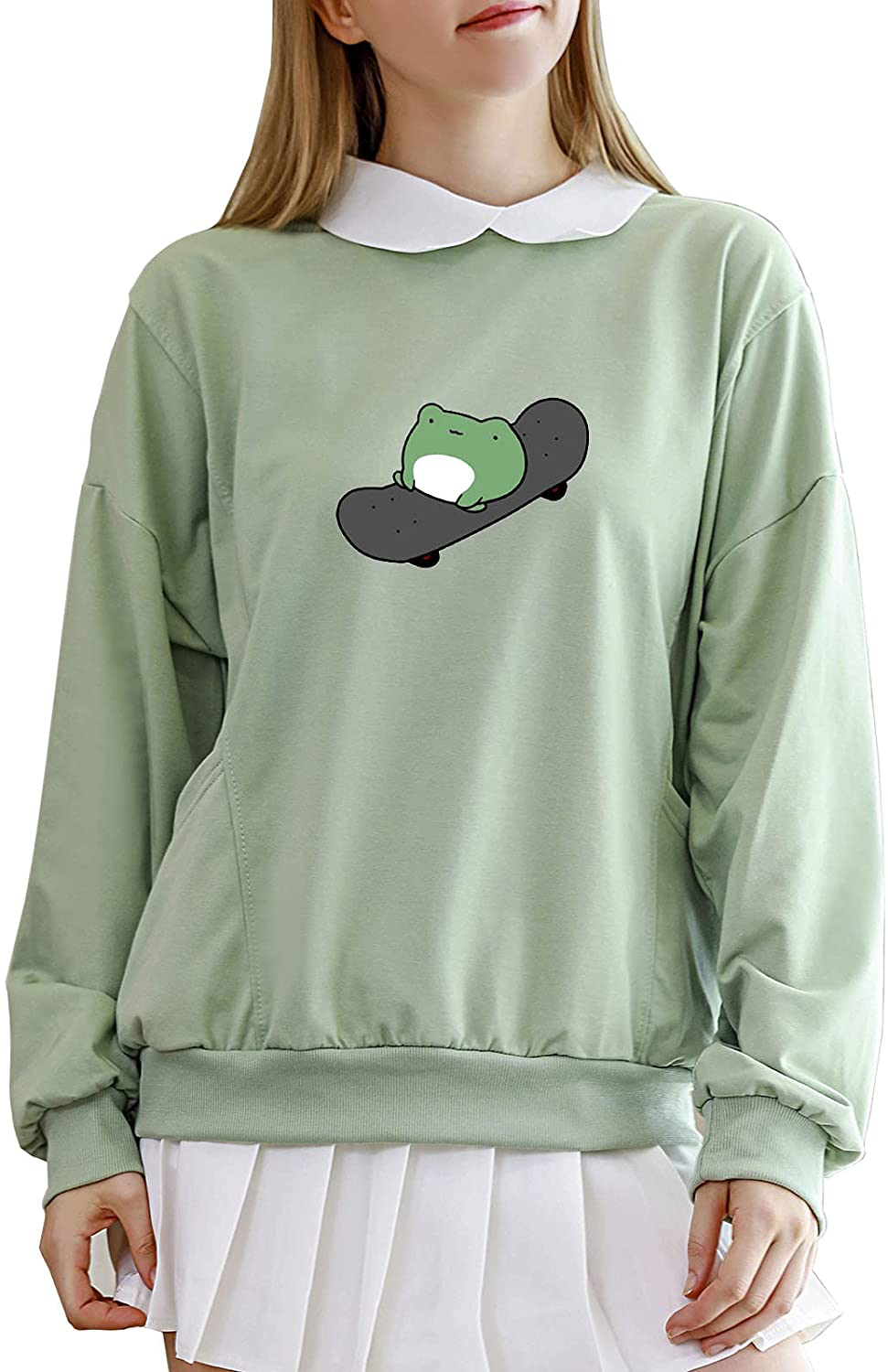 Wrenpies Frog Skateboarding Sweatshirt with Collar Hoodie Cotton Pullover Aesthetic Hoodies for Teen Girls Top Kawaii Clothes
