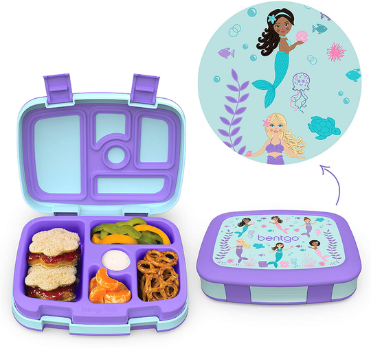 Bentgo Kids Prints Leak-Proof, 5-Compartment Bento-Style Kids Lunch Box - Ideal Portion Sizes for Ages 3 to 7 - BPA-Free, Dishwasher Safe, Food-Safe Materials (Mermaids in the Sea)