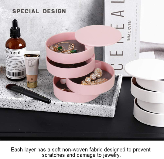 CONBOLA Jewelry Organizer, Small Jewelry Storage Box Earring Holder for Women, 4-Layer Rotating Travel Jewelry Tray Case with Lid for Bracelets Rings Bracelets (Pink)