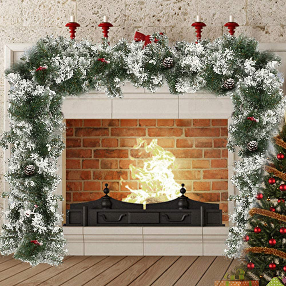 Interlink-US 9Ft Christmas Garland Snow Flocked Artificial Wreath with Pinecones Berries Xmas Decorations for Stairs Fireplaces Wall Door (1Pcs)