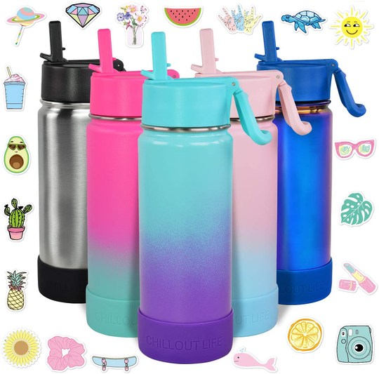 CHILLOUT LIFE 17 oz Insulated Water Bottle with Straw Lid for Kids and Adult + 20 Cute Waterproof Stickers - Perfect for Personalizing Your Kids Metal Water Bottle