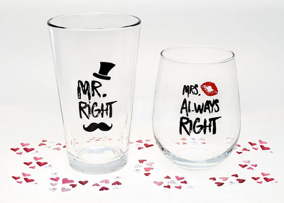 Funny Wedding Gifts - Mr. Right and Mrs. Always Right Novelty Wine Glass and Beer Glass Combo - Engagement Gift for Couples