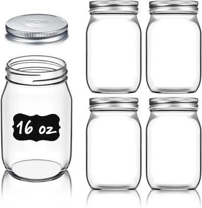 Regular-Mouth Glass Mason Jars, 16-Ounce (10-Pack) Canning Jars with Silver Metal Airtight Lids for Meal Prep, Food Storage, Canning, Jelly, Dry Food, Spices, Salads, Yogurt with Chalkboard Labels Set