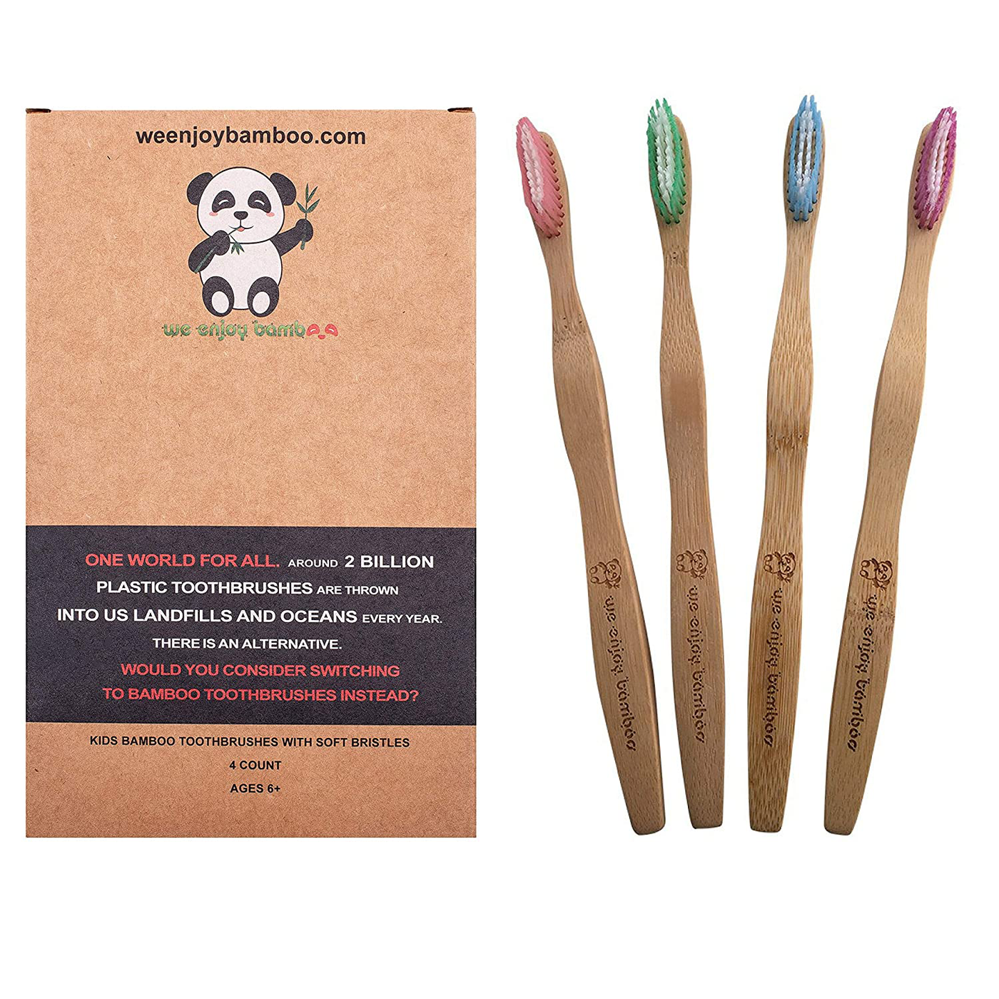 Natural Organic Eco Friendly Bamboo Toothbrush Adult Soft Nylon Bristles, BPA Free, 100% Plastic Free & Biodegradable Handles & Packaging, Responsible Dental Care, 4-Pack