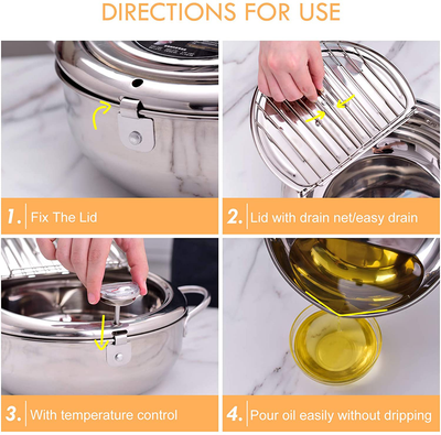 Deep Fryer Pot,304 Stainless Steel with Temperature Control and Lid Japanese Style Tempura Fryer Pan Uncoated Fryer Diameter: 11"