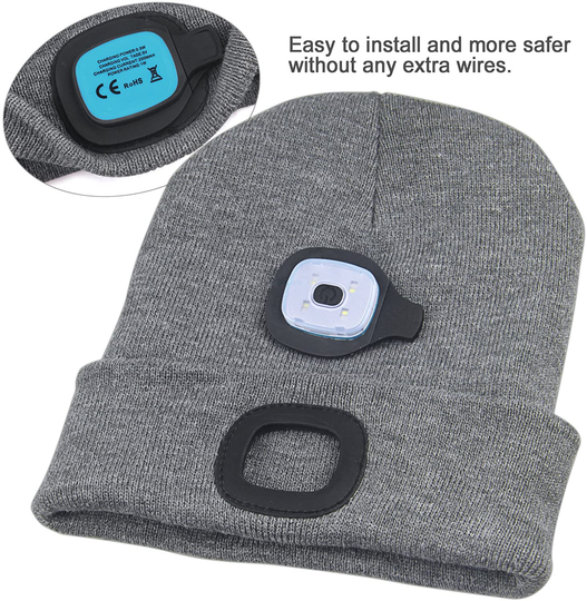 Knitted Unisex Beanie Hat with Light, USB Rechargeable LED Headlamp Flashlight Hat