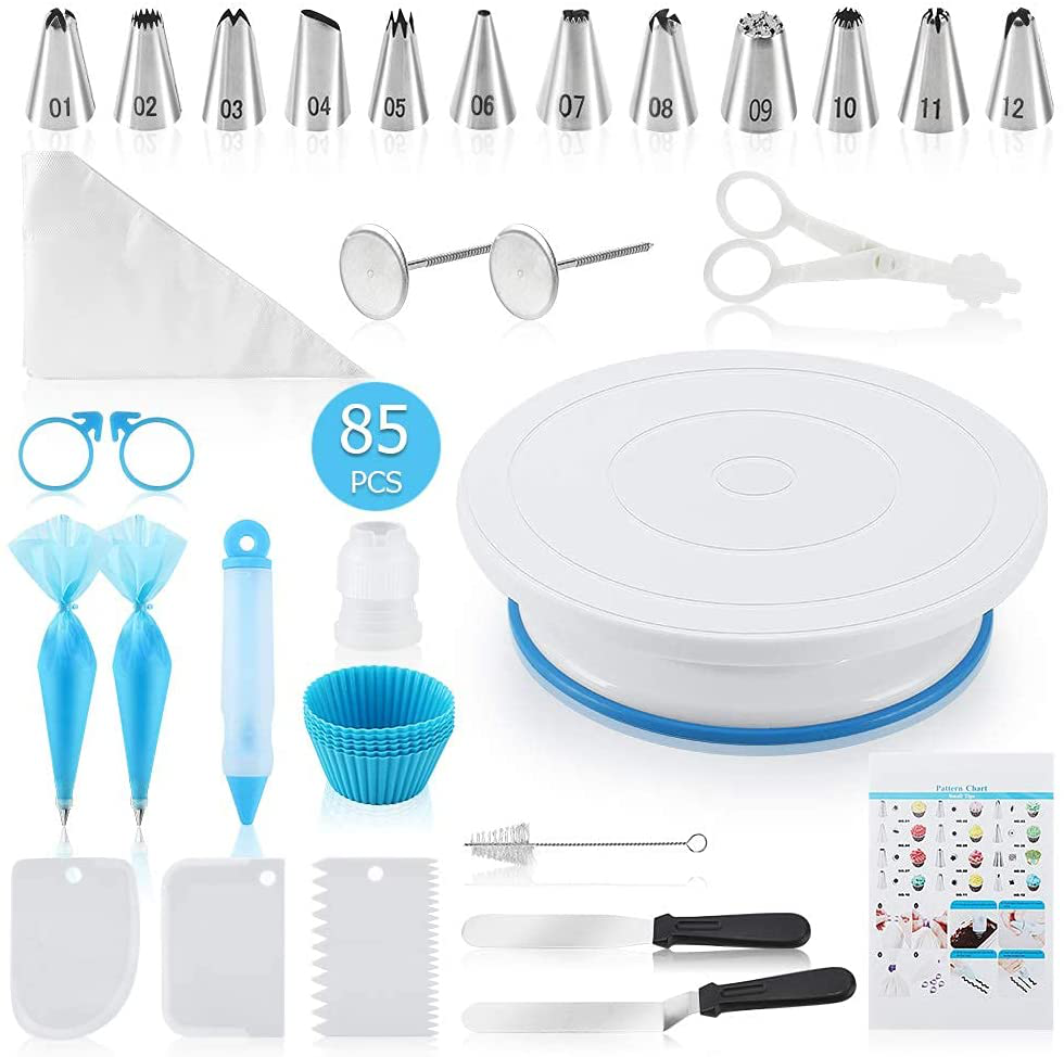 Docgrit Cake Decorating kit- 85PCs Cake Decoration Tools with a Non Slip Base Cake Turntable, 12 Numbered Cake Icing Tips & Guide and Other Cake Decorating Kit for Beginner