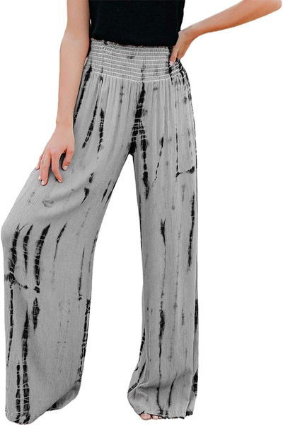 BZB Women Smocked High Waist Tie Dye Boho Pants Casual Print Wide Leg Pants