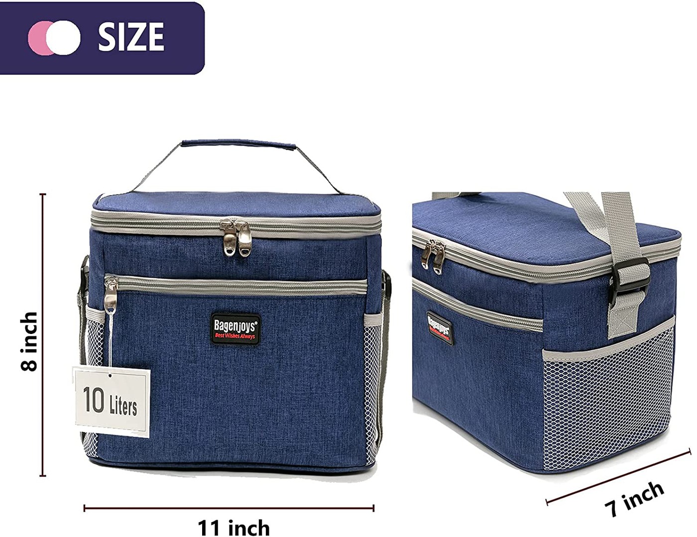 Lunch Bag,Insulated Dual Compartments Lunch Box for Men and Women,Reusable Leakproof Cooler Lunch Bags with Removable shoulder straps,Work Beach Picnic Lunch Boxes-Grey(10L).
