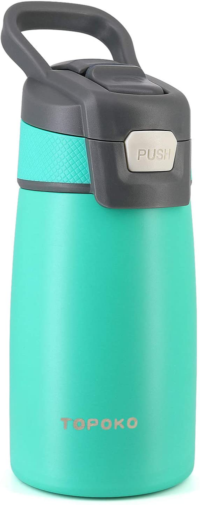 AUTO FLIP 12 OZ Stainless Steel Kids Water Bottle for Girls Double Wall Beverage Carry Kid Cup Vacuum Insulated Leak Proof Thermos Handle Spout BPA-Free Sports Bottle for Boys (Coral)