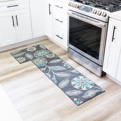 Maples Rugs Reggie Floral Non Skid 2pc Kitchen Rugs Set [Made in USA] Washable Floor Mat for Under Sink, Entryway, and Laundry Multi, 2pc Set, Multi