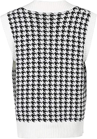 Jlihang Oversized Houndstooth Knitted Vest Sweater Vintage V Neck Loose Sleeveless Sweater