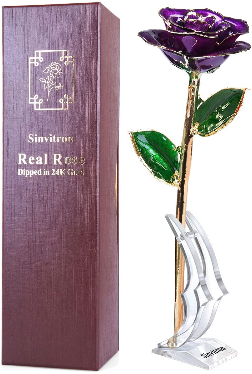 Gold Dipped Rose, Sinvitron Long Stem 24k Gold Dipped Real Rose Lasted Forever with Stand, Best Anniversary Gifts for Her