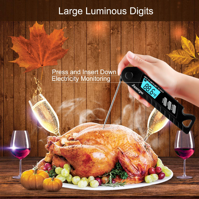 Waterproof Digital Meat Thermometer, 2s Fast Instant Read BBQ Thermometer with Backlight Display and Foldable Probe