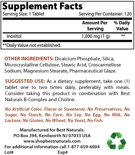 Best Naturals Inositol 1000mg 120 Tablets - Also Called Vitamin B8