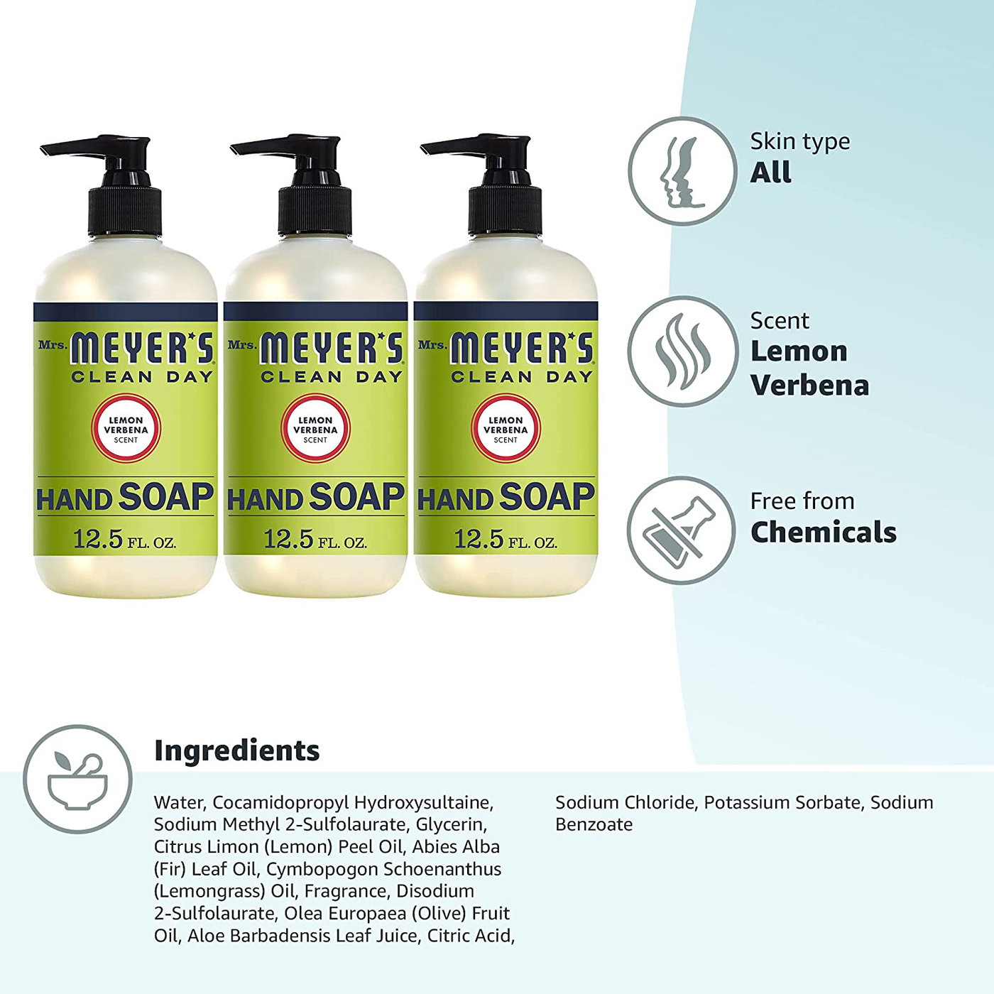 Mrs. Meyer's Clean Day Liquid Hand Soap Refill, Cruelty Free and Biodegradable Hand Wash Formula Made with Essential Oils, Lemon Verbena Scent, 33 oz