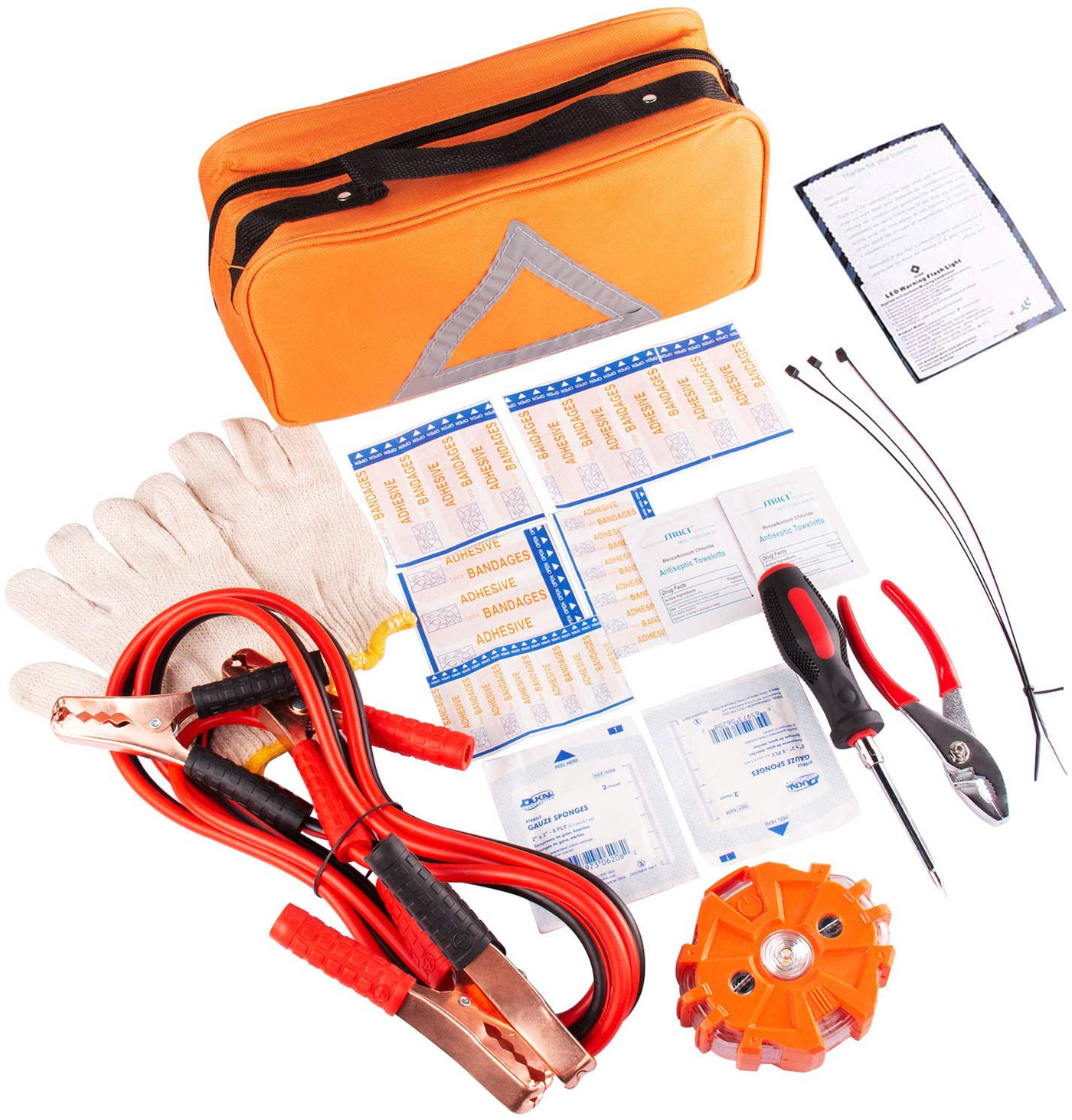 Emergency Roadside Assistance Safety Kit - First Aid Kit, Jumper Cables, LED Warning Light, Work Gloves, Tools and More