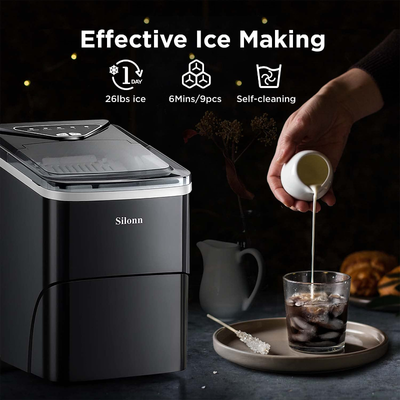 Self-Cleaning Countertop Ice Machine with Ice Scoop and Basket 