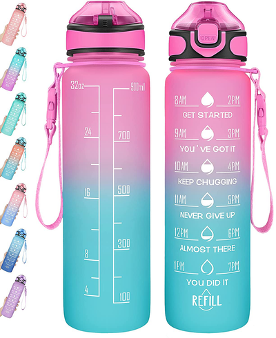 Water Bottle 32oz with Straw, Motivational Water Bottle with Time Marker & Buckle Strap,Leak-Proof Tritan BPA-Free, Ensure You Drink Enough Water for Fitness, Gym, Camping, Outdoor Sports