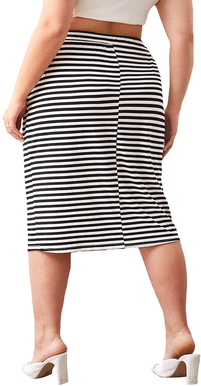 SheIn Women's Plus Striped Drawstring Waist Skirt Pockets Side Straight Midi Skirt