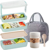 Bento Box for Kids Lunch Boxes Adults 3-In-1 Meal Prep Container, 900ML Janpanese Lunch Box with 3 Layer Compartment, Wheat Straw, Leak-proof, Spoon Fork, Lunch Bag with Soup Cup, BPA-free, Green