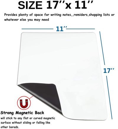 Magnetic Dry Erase Boards White Board Sheet for Fridge - with Stain Resistant Technology - Includes 4 Markers and 4 Magnetic icon and a Eraser - Refrigerator Whiteboard Planner (17x11 inch)