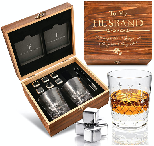 Anniversary Gi fts for Him I Anniversary for Husband - Whiskey Glass Set - 'To My Husband' I Wedding Anniversary Gift from Wife I Flamed Wood Case, 2 Hand-Cut Crystal Glasses, & Cooling Stones