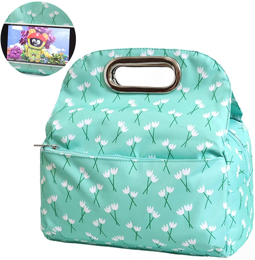MOV COMPRA Reusable Insulated Small Lunch Bags for Women Printed Cooler Tote Box with Back Pocket Zipper Closure for Woman Work Picnic or Travel (GREEN)