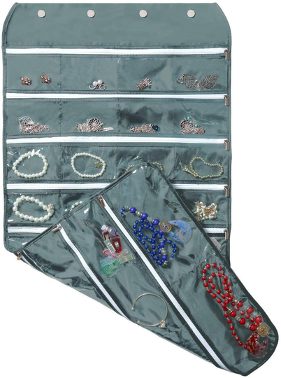 BB Brotrade Hanging Jewelry Organizer with Oxford Dual Side 56 Zippered Storage Pocket (Grey with Zipper)
