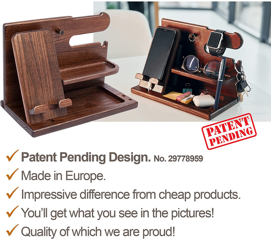 TESLYAR Wood Phone Docking Station Ash Key Holder Wallet Stand Watch Organizer Men Gift Husband Wife Anniversary Dad Birthday Nightstand Purse Father Graduation Male Travel Idea Gadgets